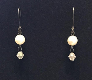 Earrings, danglers. Pearl & crystal (costume).